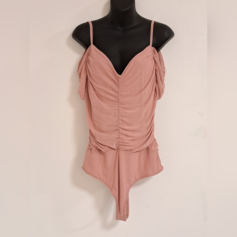 bebe Pink Ruched Cold Shoulder Mesh Bodysuit NWT Misses Size Large